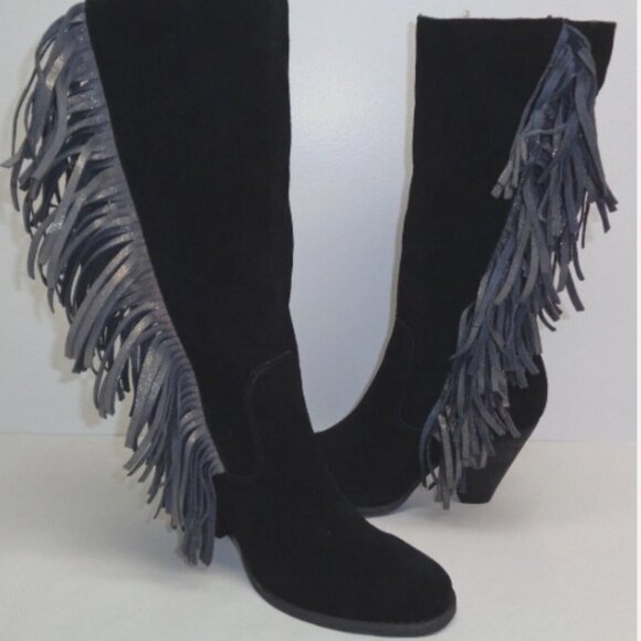 Reba Size 7.5 COWGIRLY Black Suede Fringe Mid Calf Heels Boots New Women's Shoes - Picture 1 of 15